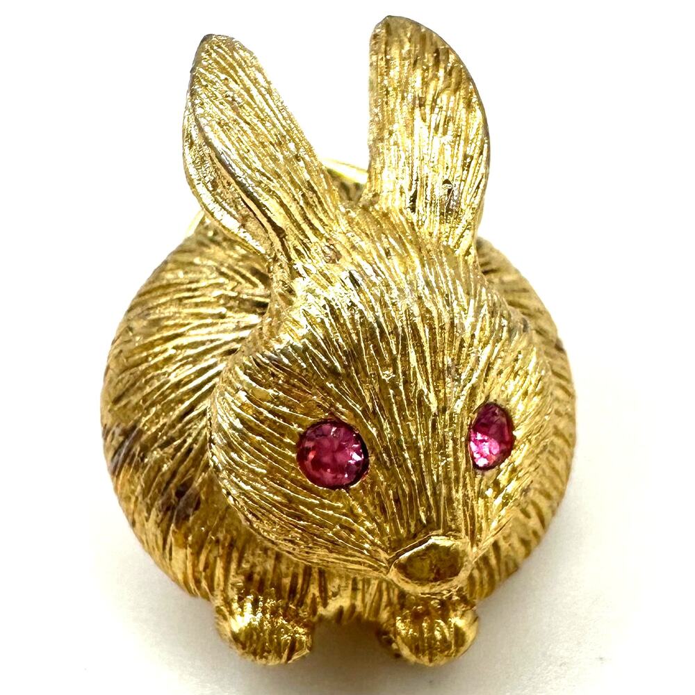 Vintage gold tone pink rhinestones trembler bunny rabbit figural brooch tie tack